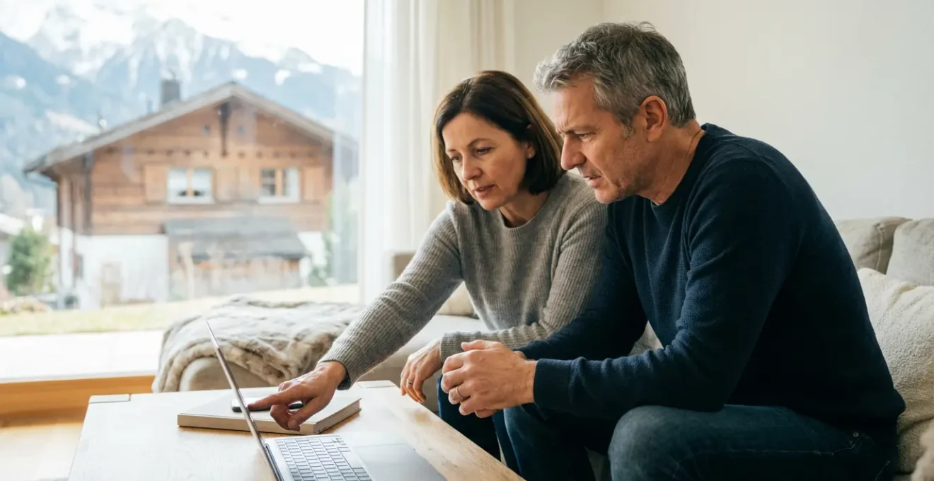 Couple suisse consultant ensemble des informations immobilières dans leur salon lumineux