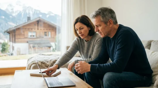 Couple suisse consultant ensemble des informations immobilières dans leur salon lumineux