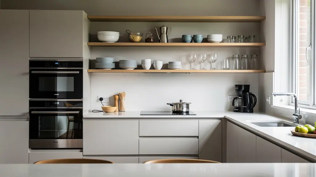 Cuisine moderne entièrement équipée d'un appartement meublé avec électroménager et vaisselle