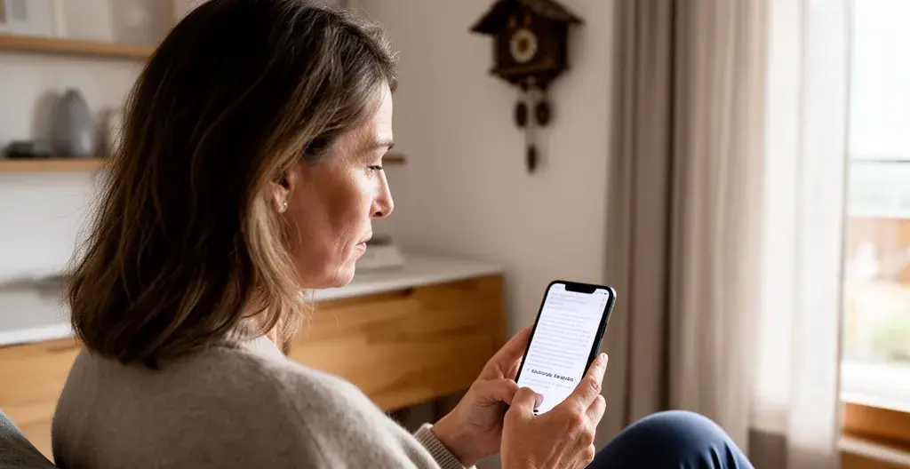 Personne consultant des informations immobilières sur smartphone dans un intérieur suisse