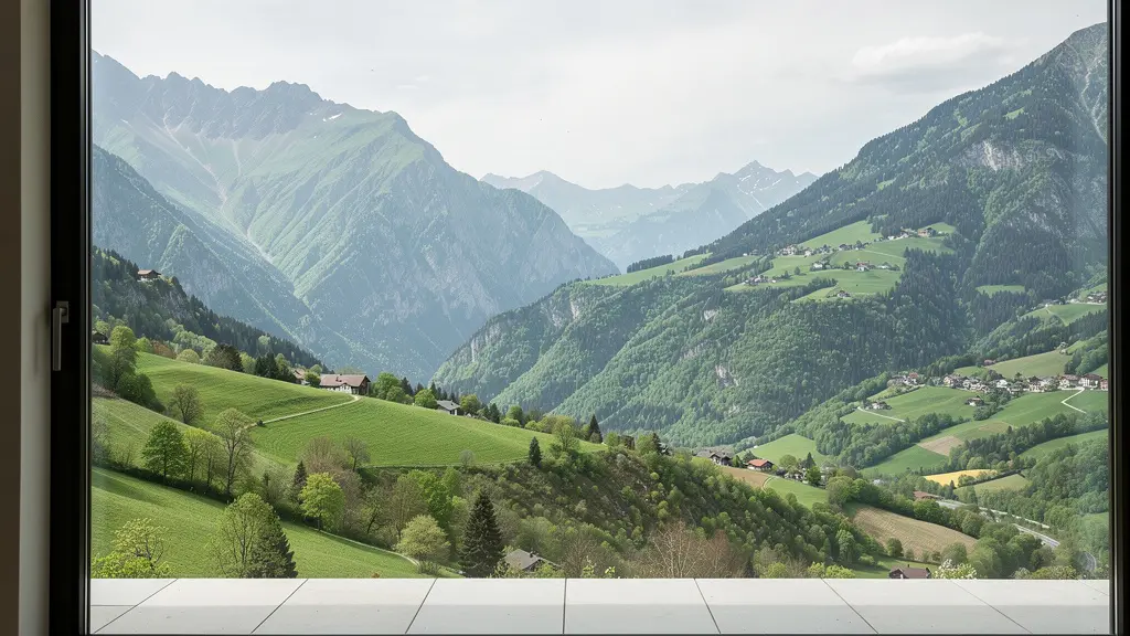 Vue panoramique sur les Alpes depuis la fenêtre d'un appartement en zone frontalière genevoise