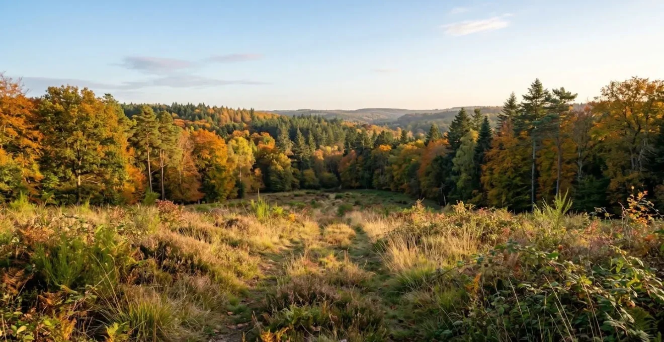 Paysage d'un domaine de chasse français avec forêt mixte de feuillus et résineux, clairière naturelle au premier plan, lumière dorée de fin d'après-midi