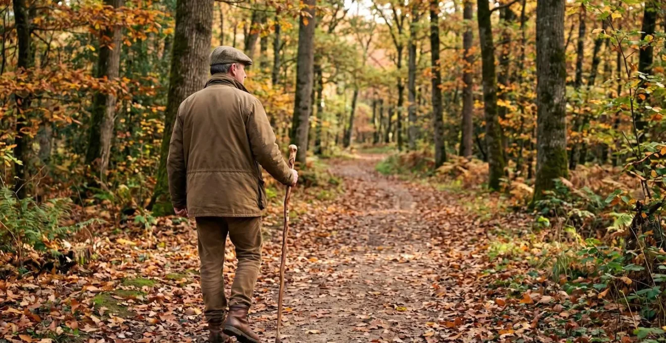 Un propriétaire vu de dos marchant dans une allée forestière d'un domaine de chasse en automne, lumière matinale filtrant à travers les arbres