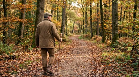 Un propriétaire vu de dos marchant dans une allée forestière d'un domaine de chasse en automne, lumière matinale filtrant à travers les arbres