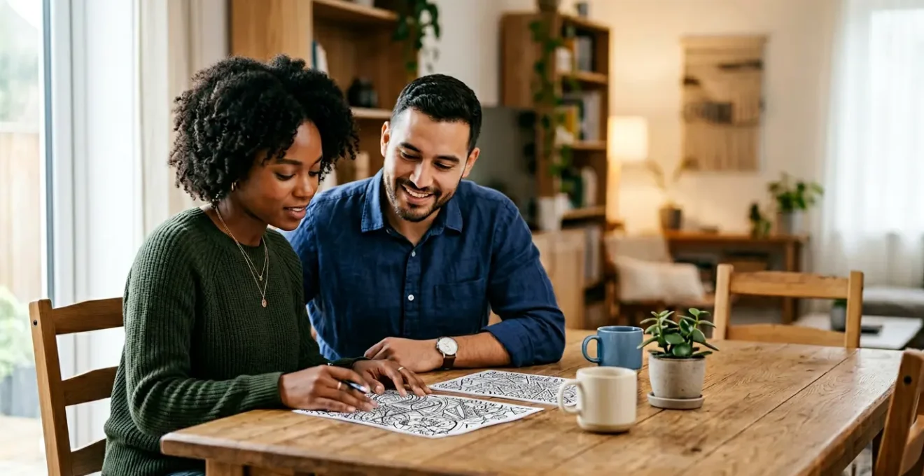Jeune couple avec documents et calculatrice analysant leur budget d'accession à la propriété