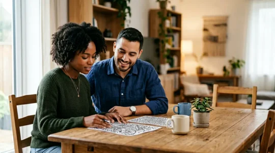Jeune couple avec documents et calculatrice analysant leur budget d'accession à la propriété
