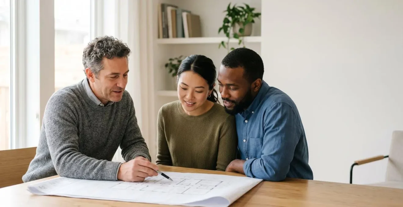 Professionnel AMO consultant des plans techniques avec un couple de propriétaires dans un environnement lumineux et moderne