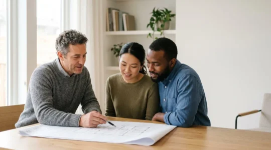 Professionnel AMO consultant des plans techniques avec un couple de propriétaires dans un environnement lumineux et moderne