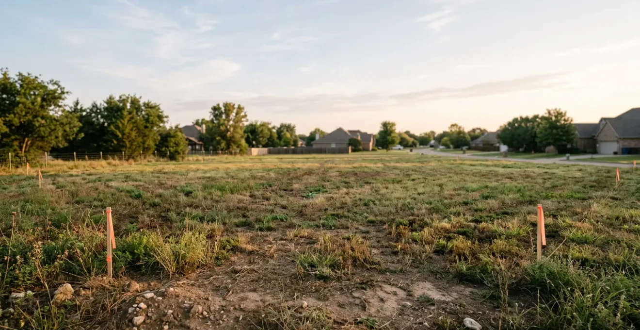 Parcelle de terrain constructible avec bornes cadastrales dans un environnement résidentiel calme
