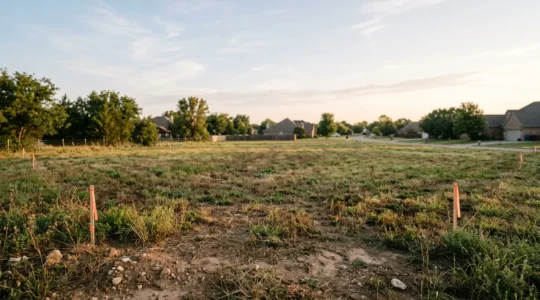 Parcelle de terrain constructible avec bornes cadastrales dans un environnement résidentiel calme