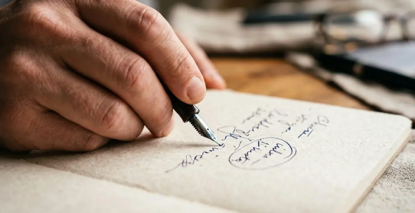 Gros plan détaillé sur une main écrivant des mots-clés stratégiques sur un carnet lors de la préparation d'une annonce immobilière