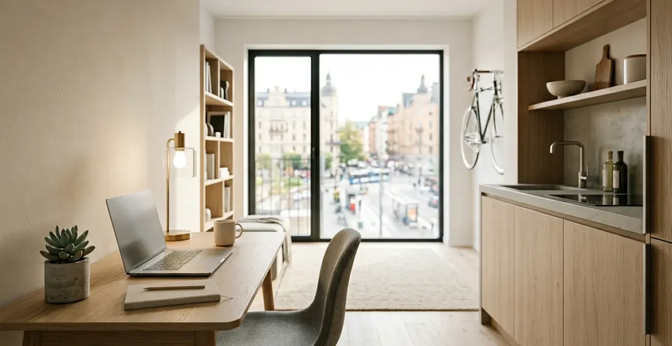 Jeune professionnel dans un appartement moderne et lumineux bien équipé avec espace de travail