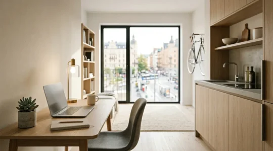 Jeune professionnel dans un appartement moderne et lumineux bien équipé avec espace de travail