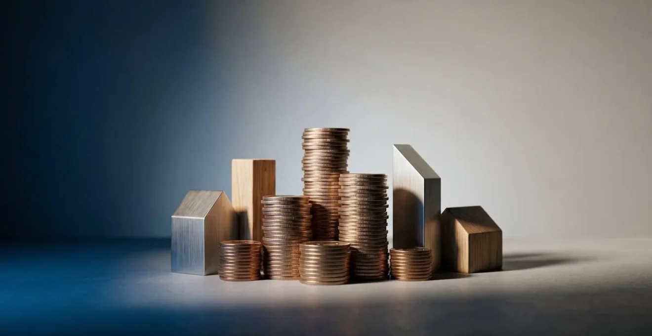 Composition symbolique illustrant le calcul de rentabilité immobilière avec éléments abstraits et équilibre visuel