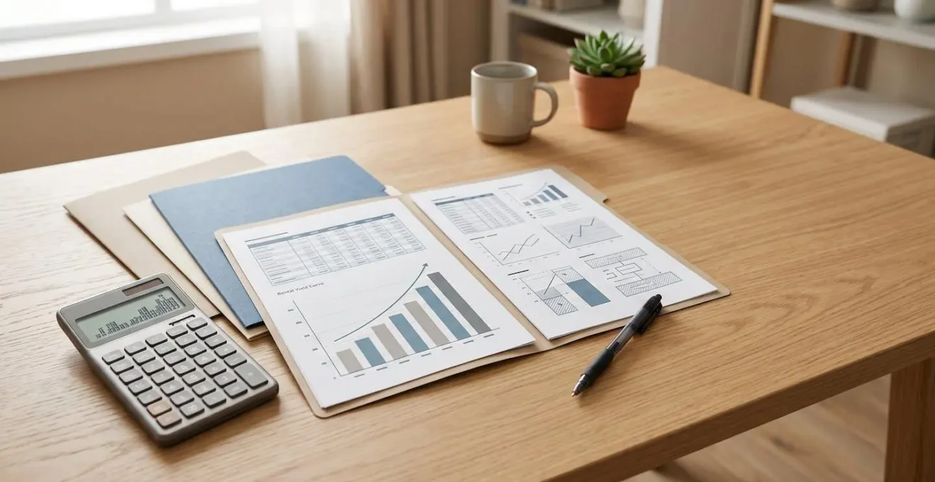 Calculatrice professionnelle posée sur des documents financiers immobiliers avec graphiques de rendement