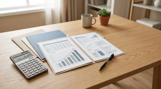 Calculatrice professionnelle posée sur des documents financiers immobiliers avec graphiques de rendement