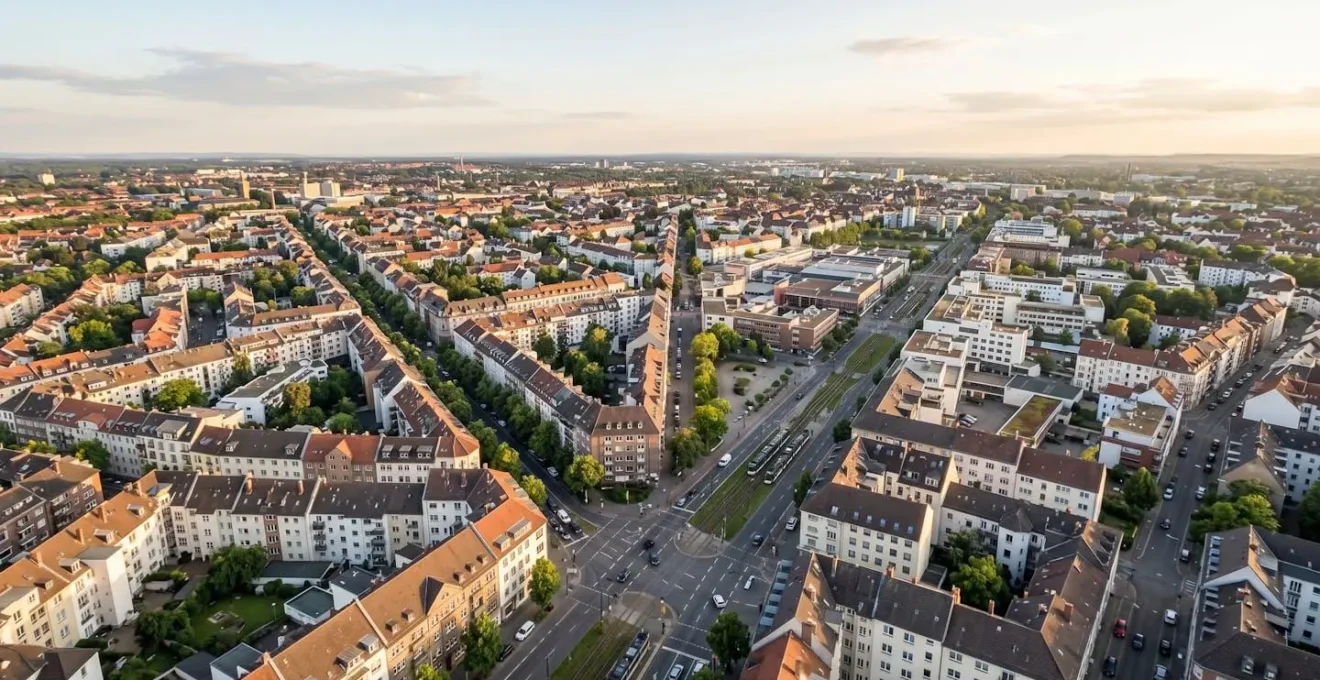 Vue aerienne d'un quartier urbain montrant la proximite des transports en commun et des commerces pour l'investissement locatif