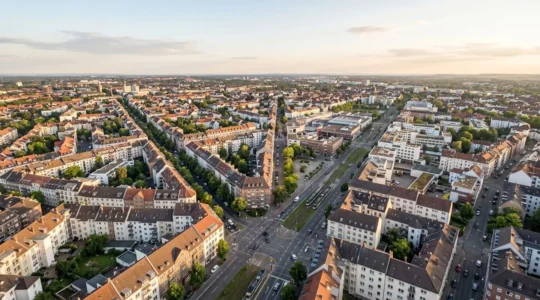 Vue aerienne d'un quartier urbain montrant la proximite des transports en commun et des commerces pour l'investissement locatif