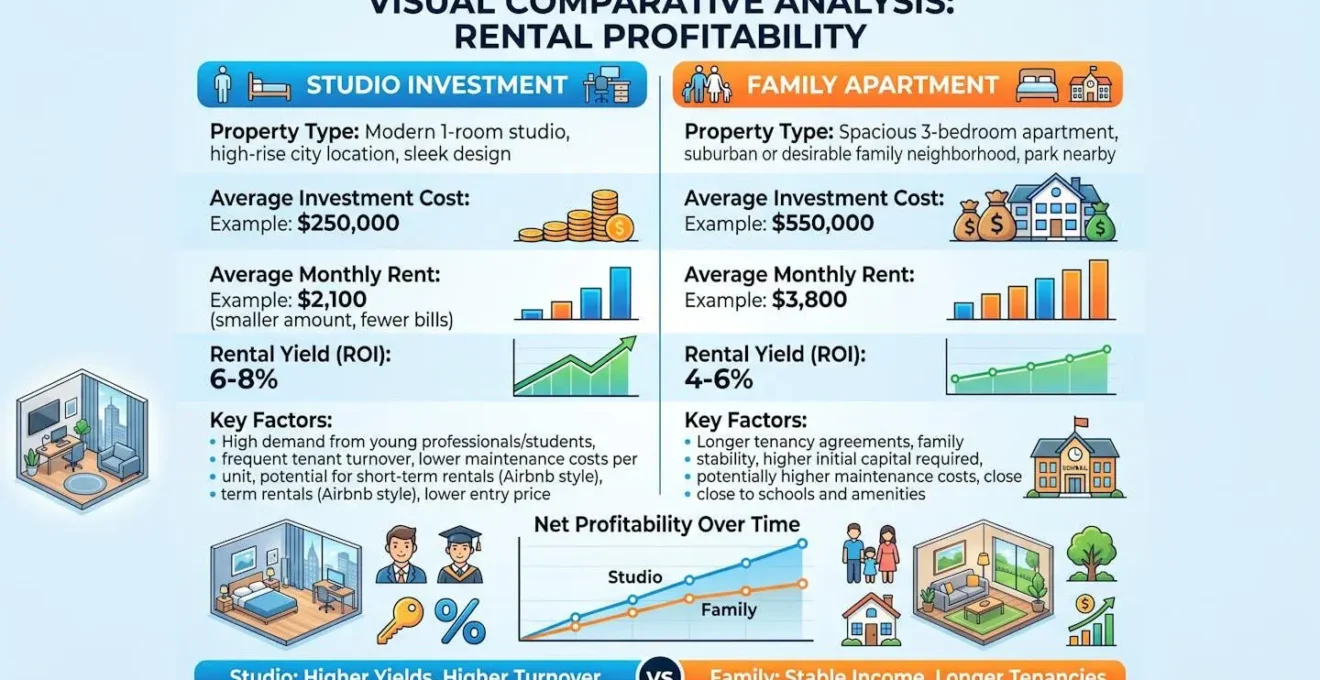 Analyse comparative visuelle entre investissement studio et appartement familial illustrant la rentabilité locative