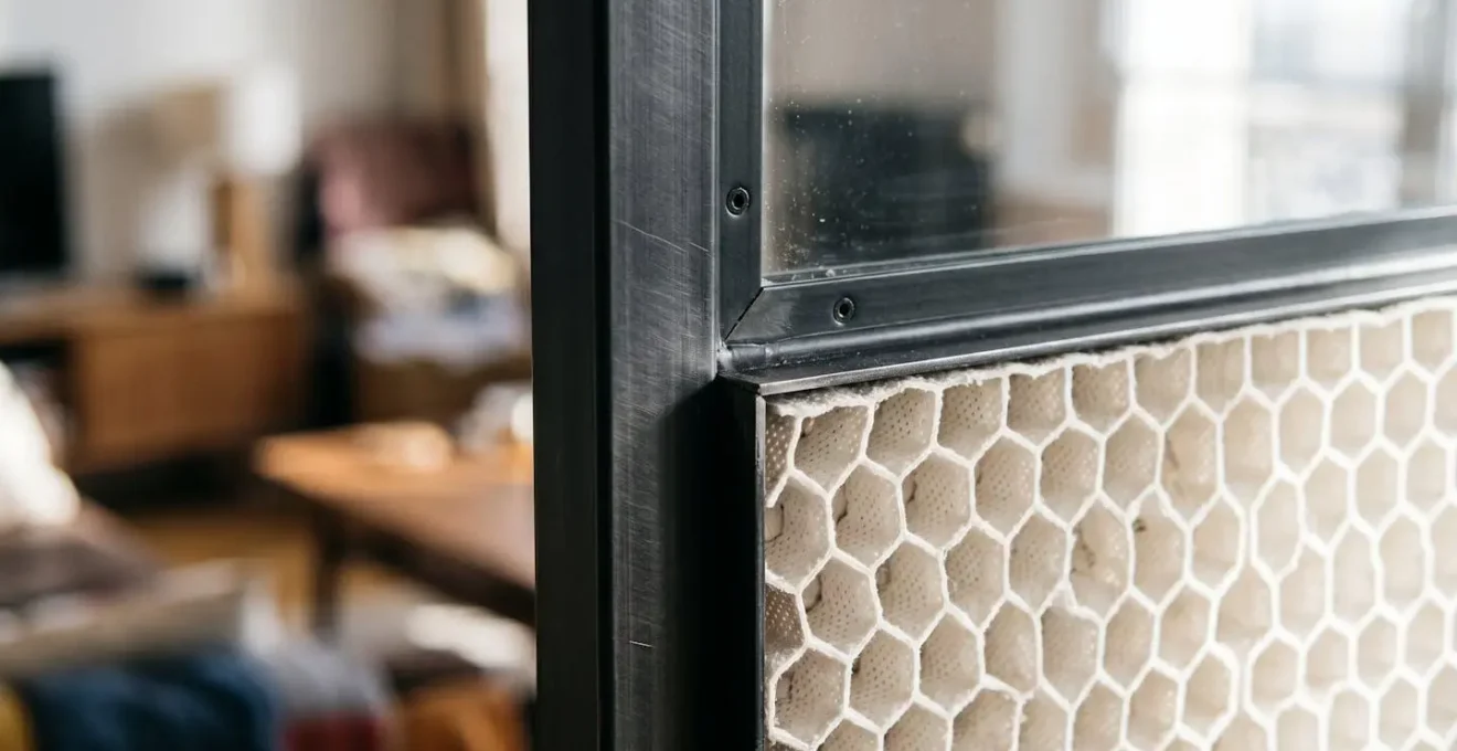 Détail d'une verrière intérieure séparant une nouvelle chambre du salon dans un appartement transformé en colocation