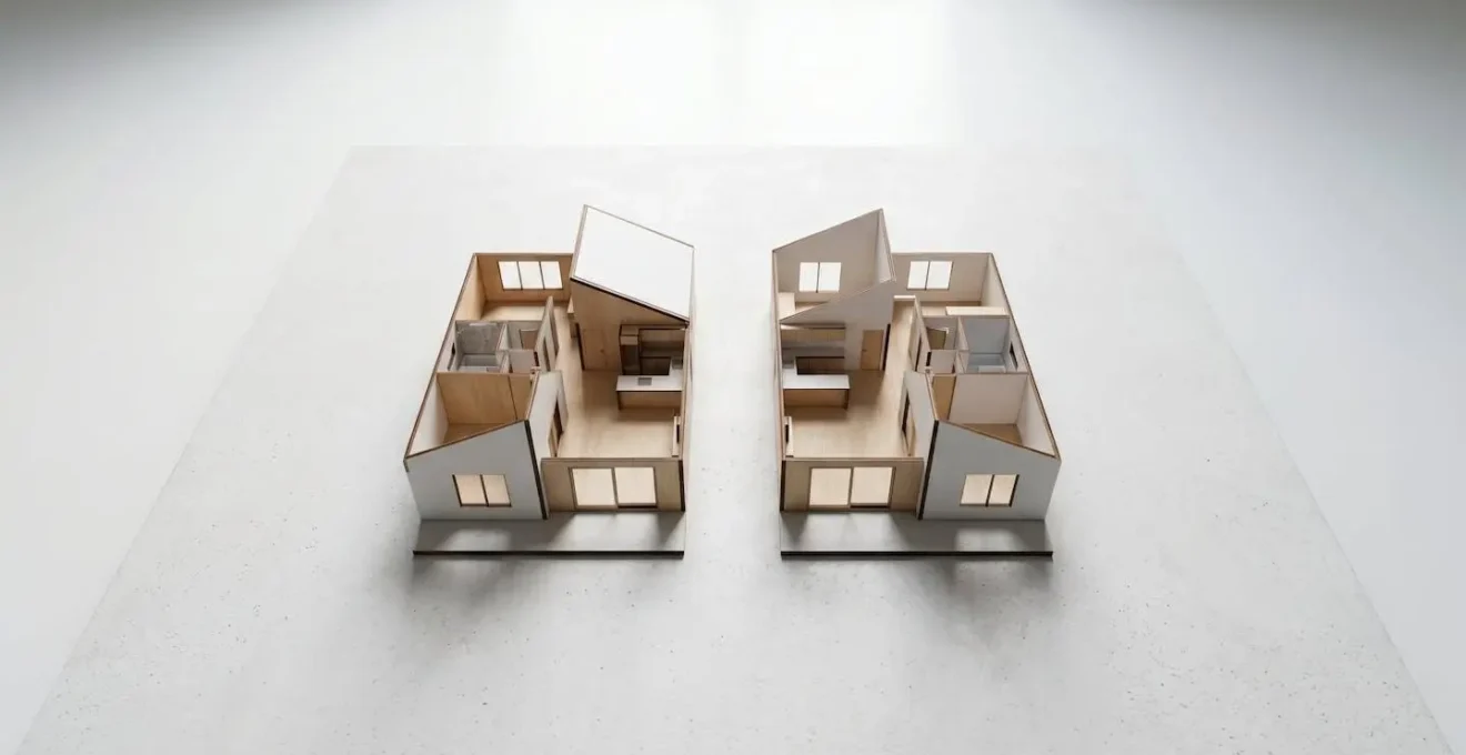 Vue aérienne de maquettes architecturales de deux logements neufs symbolisant le choix entre différents dispositifs d'accession