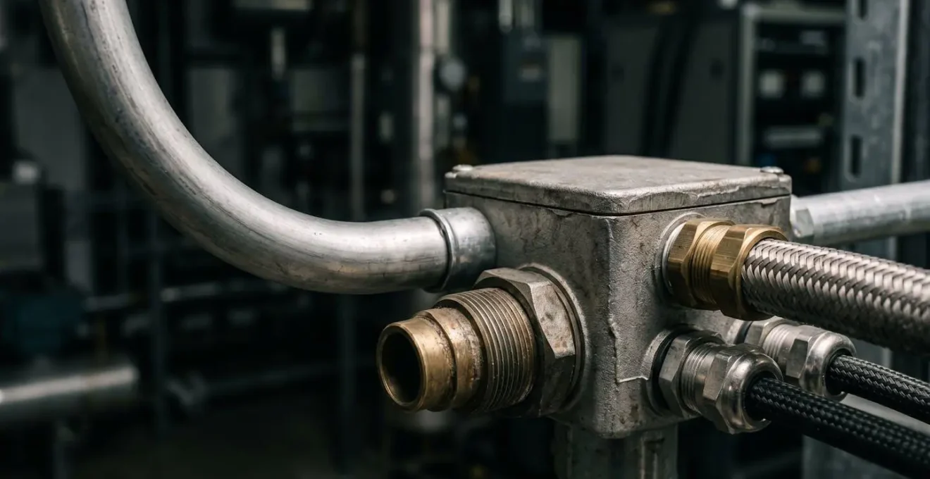 Vue macro sur des structures métalliques et des connexions techniques montrant la complexité d'une installation, avec des textures industrielles et un éclairage dramatique