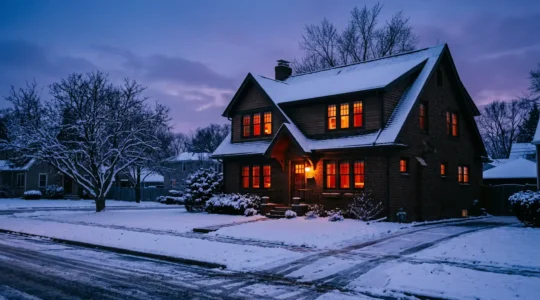 Façade de maison en hiver vue en imagerie thermique révélant les zones de déperdition de chaleur