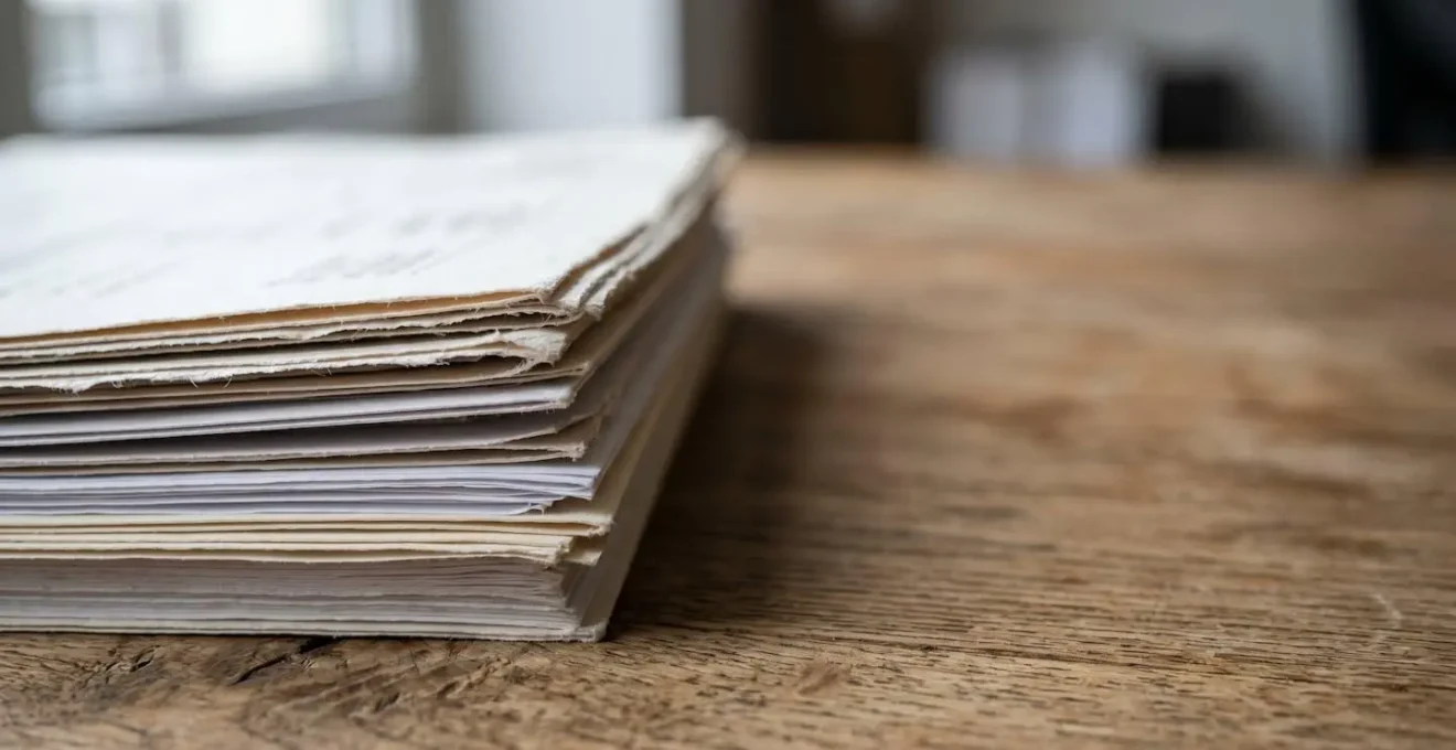 Vue rapprochée de documents administratifs de copropriété empilés sur un bureau avec éclairage naturel