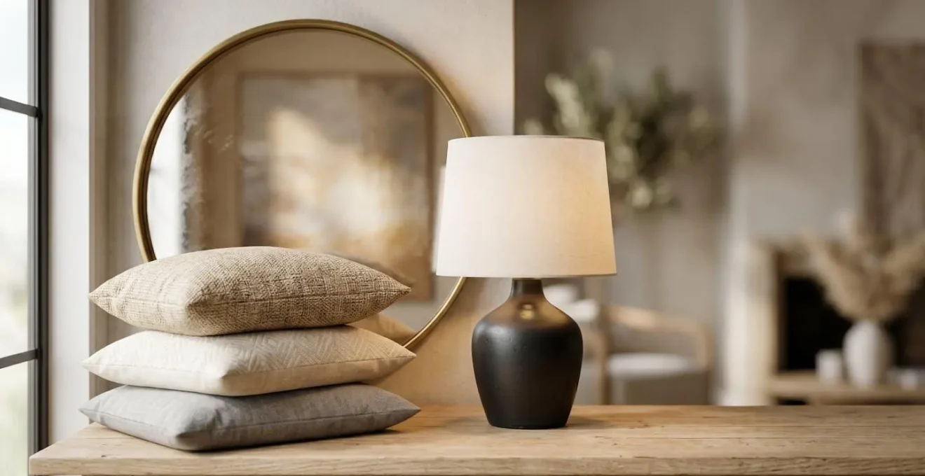 Composition rapprochée d'éléments de décoration essentiels pour valoriser un bien immobilier : miroir, textiles et luminaire