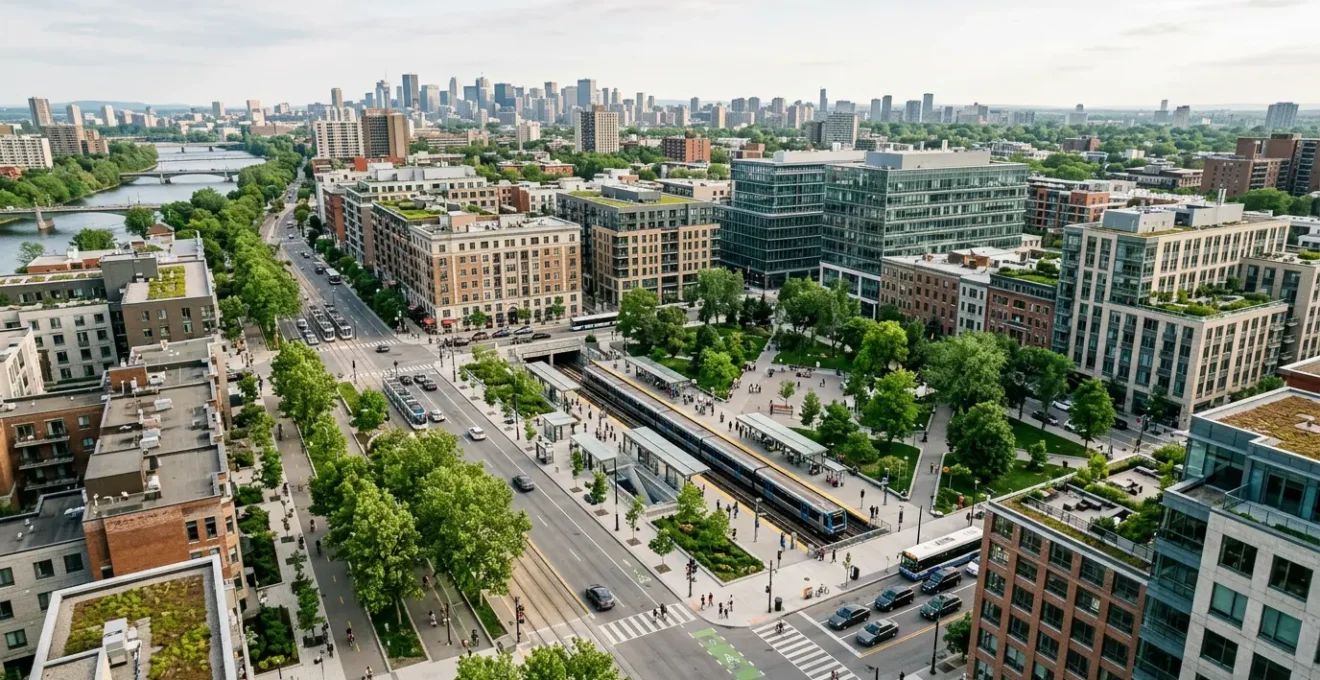 Vue aérienne d'un quartier urbain moderne montrant la proximité des transports en commun et des espaces verts