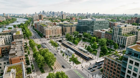 Vue aérienne d'un quartier urbain moderne montrant la proximité des transports en commun et des espaces verts