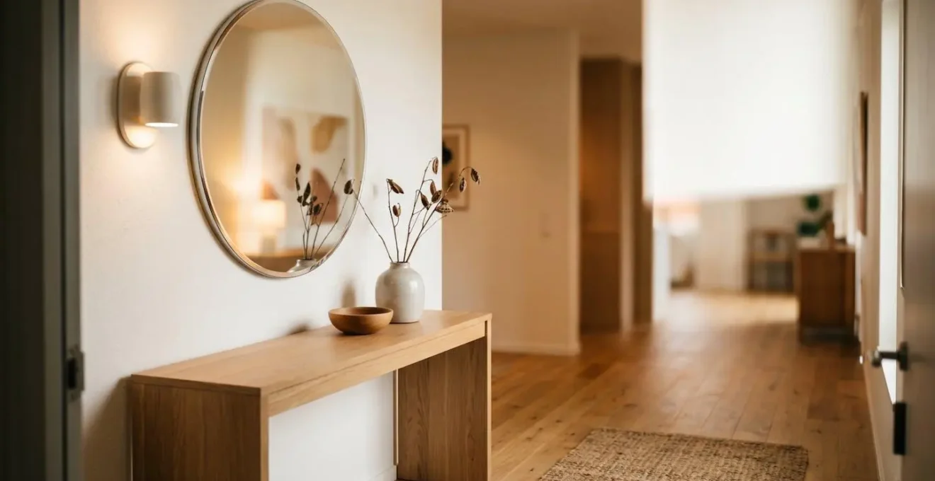 Vue d'une entrée d'appartement soigneusement aménagée avec miroir, console et éclairage chaleureux créant une première impression positive