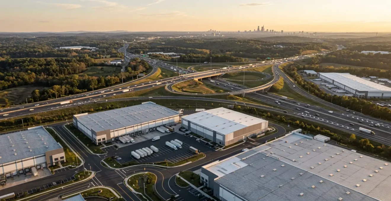 Vue d'un entrepôt logistique moderne situé près d'un grand axe autoroutier illustrant l'optimisation de l'emplacement pour la logistique