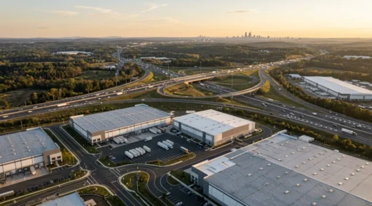 Vue d'un entrepôt logistique moderne situé près d'un grand axe autoroutier illustrant l'optimisation de l'emplacement pour la logistique