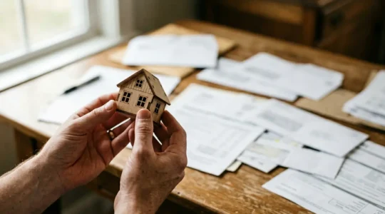 Mains tenant une maquette de maison avec des documents financiers en arrière-plan flou
