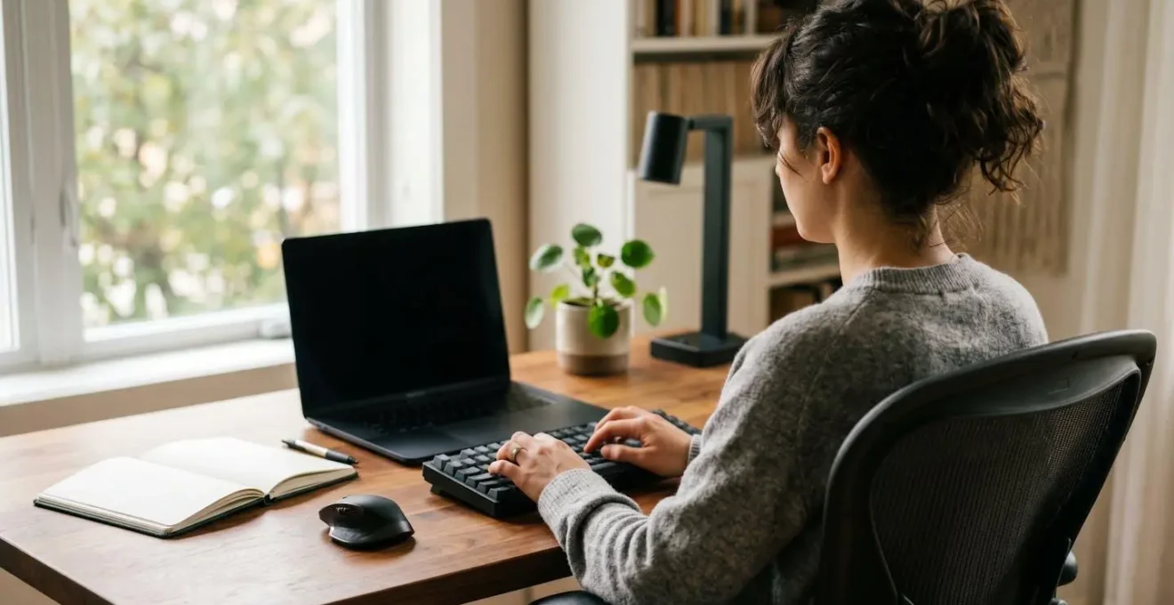 Espace de télétravail ergonomique avec chaise confortable, éclairage naturel et équipements modernes
