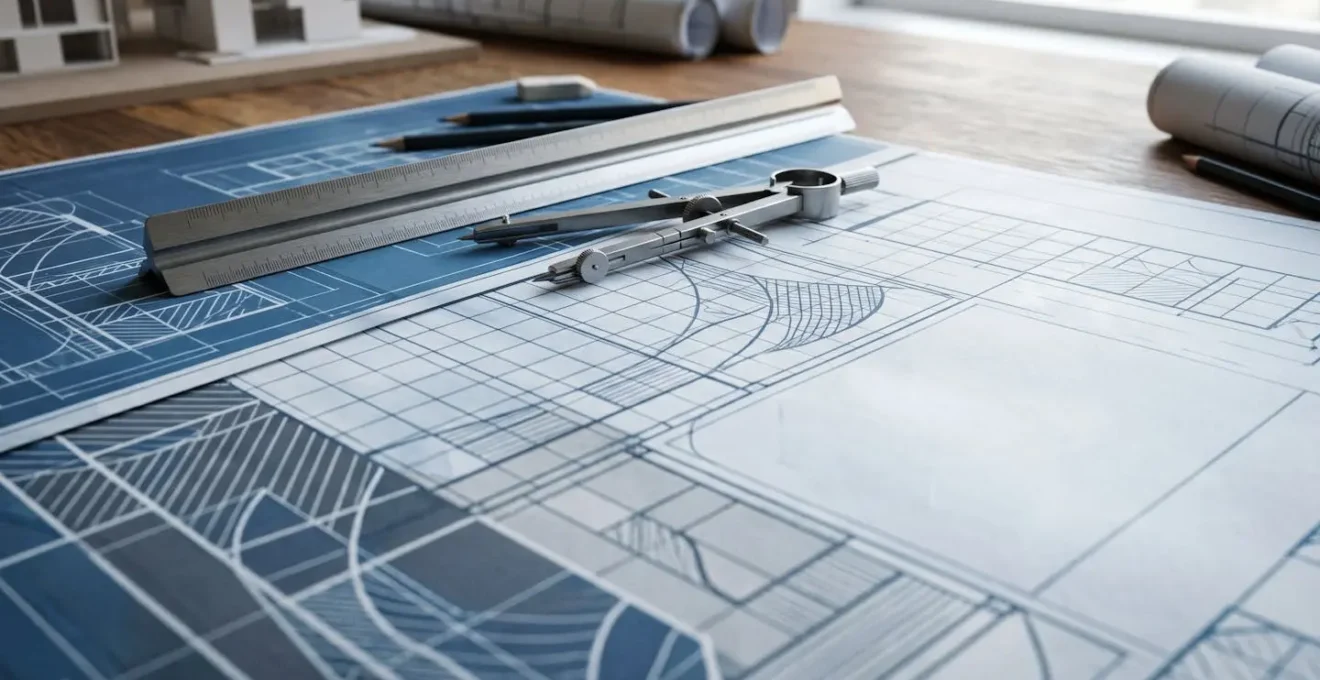 Plans architecturaux et instruments de mesure professionnels sur une table de travail