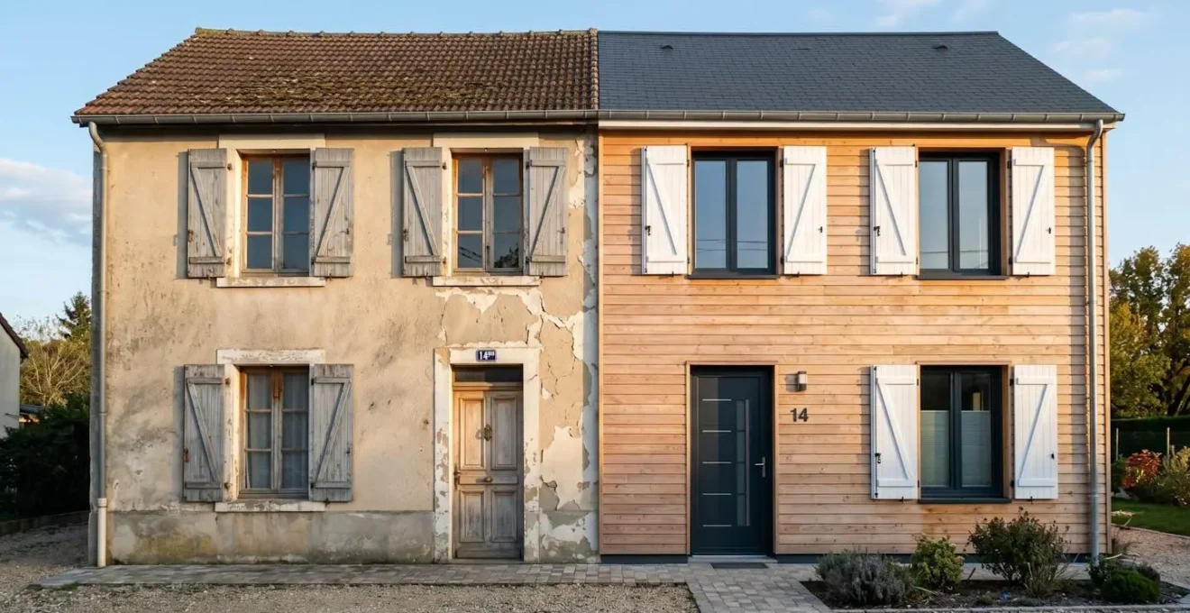 Façade de maison divisée en deux : côté gauche ancien avec peinture écaillée, côté droit rénové avec bardage bois clair et menuiseries neuves.
