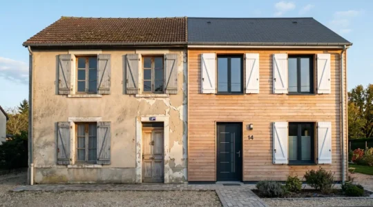 Façade de maison divisée en deux : côté gauche ancien avec peinture écaillée, côté droit rénové avec bardage bois clair et menuiseries neuves.