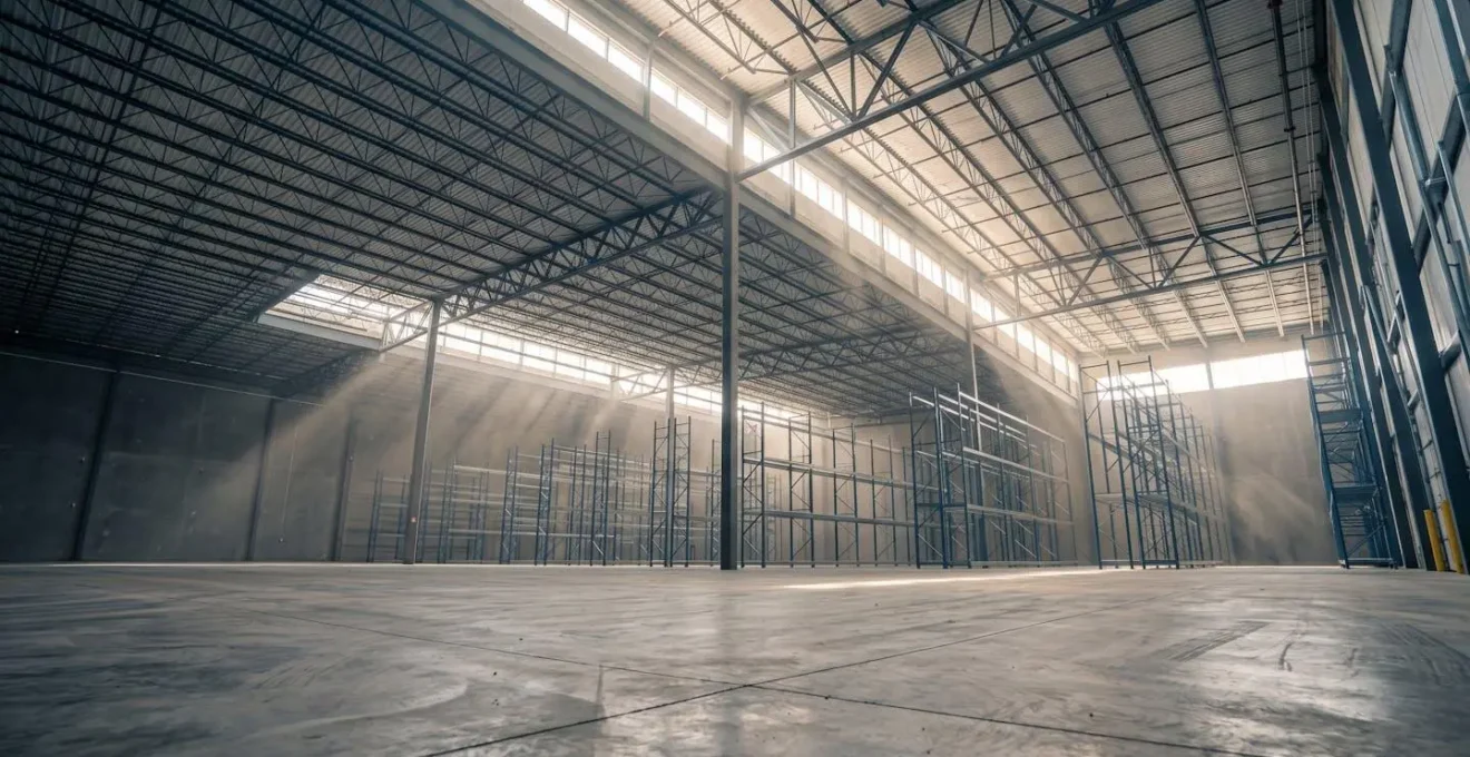 Perspective intérieure d'un entrepôt moderne montrant l'exploitation de la hauteur sous plafond pour le stockage vertical