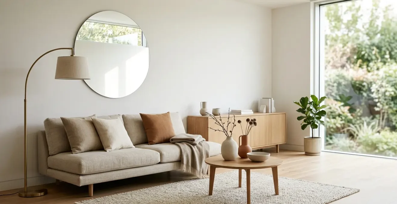 Intérieur contemporain lumineux avec éléments de décoration neutres valorisant un bien immobilier pour la vente