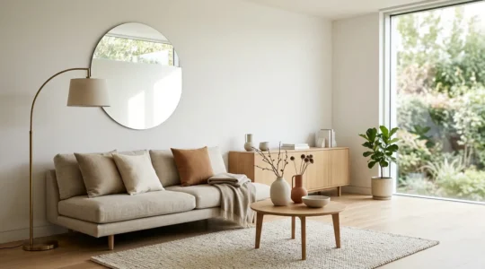 Intérieur contemporain lumineux avec éléments de décoration neutres valorisant un bien immobilier pour la vente