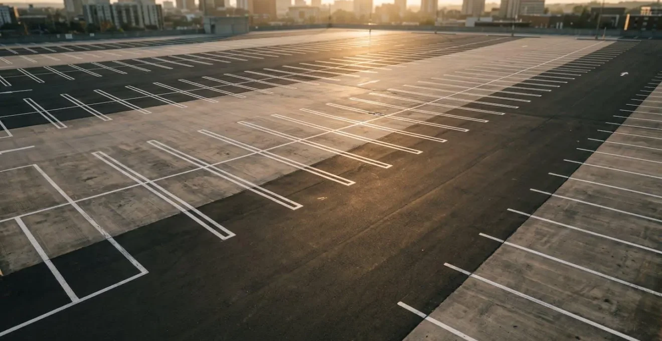 Vue aérienne minimaliste d'un parking urbain moderne avec lignes de marquage au sol géométriques, montrant l'organisation et le potentiel d'investissement immobilier accessible