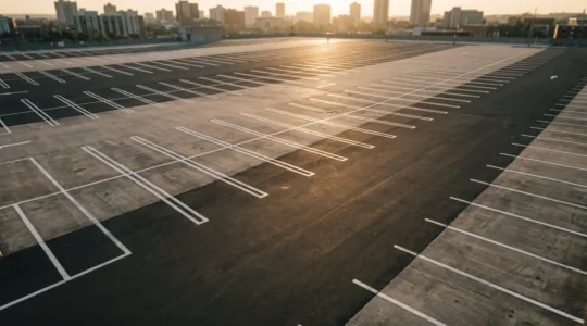 Vue aérienne minimaliste d'un parking urbain moderne avec lignes de marquage au sol géométriques, montrant l'organisation et le potentiel d'investissement immobilier accessible