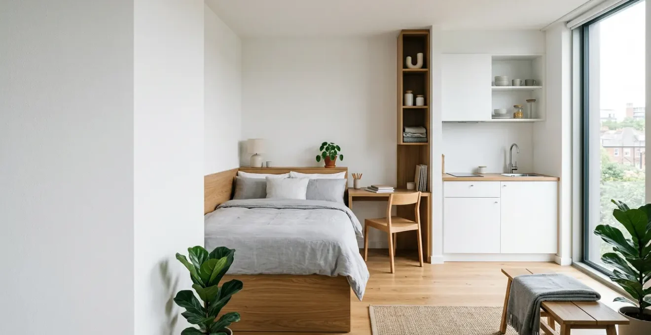 Vue grand angle d'un studio étudiant moderne et optimisé avec espace fonctionnel et lumière naturelle