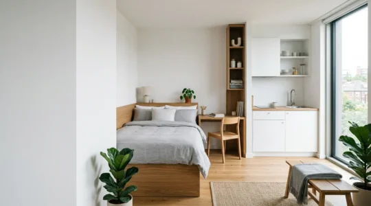 Vue grand angle d'un studio étudiant moderne et optimisé avec espace fonctionnel et lumière naturelle
