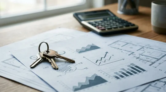 Concept d'investissement immobilier locatif avec clés et documents financiers