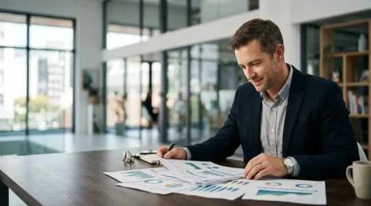 Professionnel analysant des documents financiers pour optimiser sa fiscalité immobilière