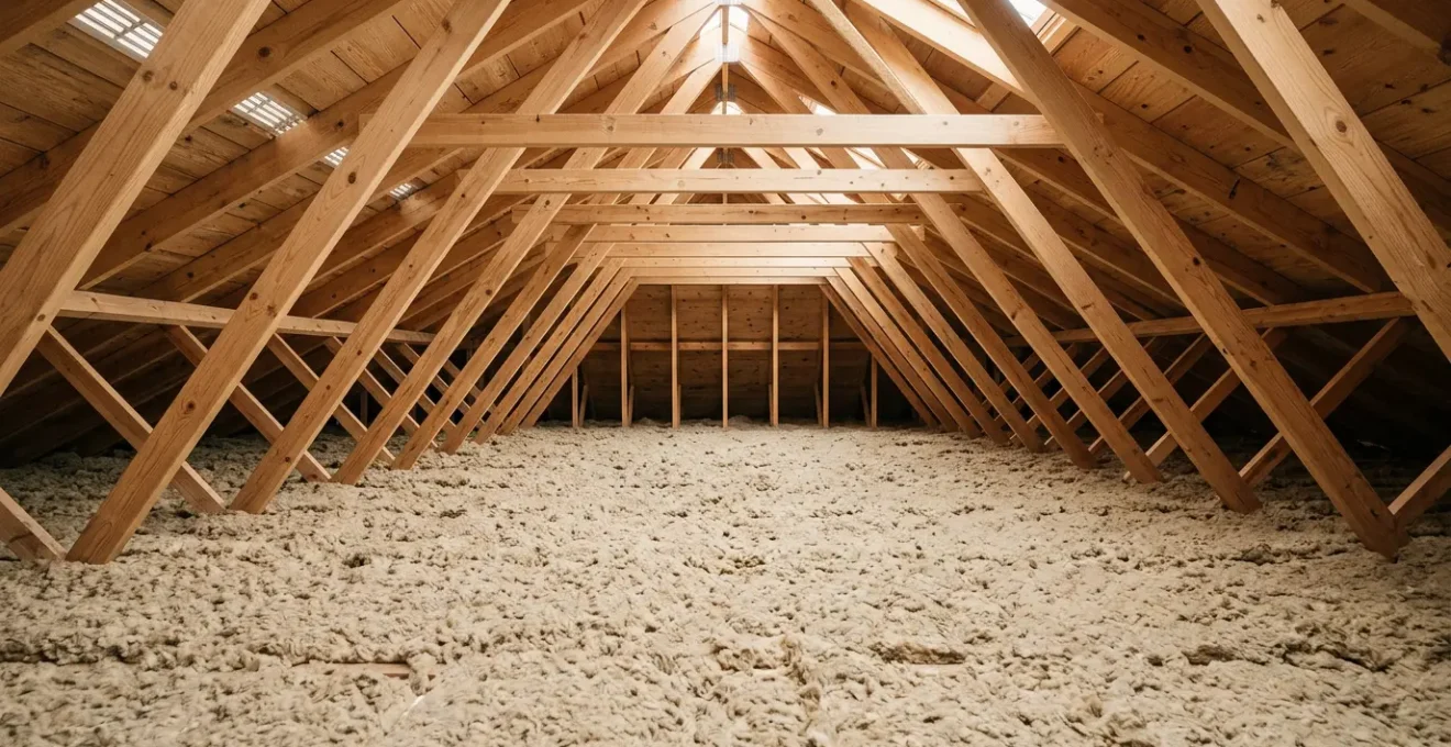 Isolation de combles perdus avec laine minérale soufflée formant une couche uniforme beige sur le plancher