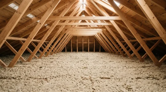 Isolation de combles perdus avec laine minérale soufflée formant une couche uniforme beige sur le plancher